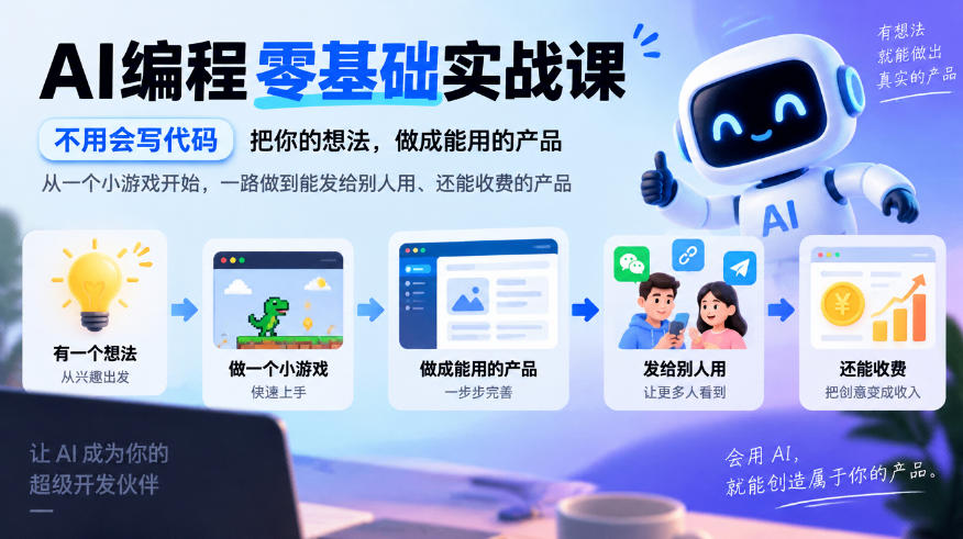 AI编程零基础实战课，不用会写代码，把你的想法，做成能用的产品，从一个小游戏开始，一路做到能发给别人用、还能收费的产品-网创之家