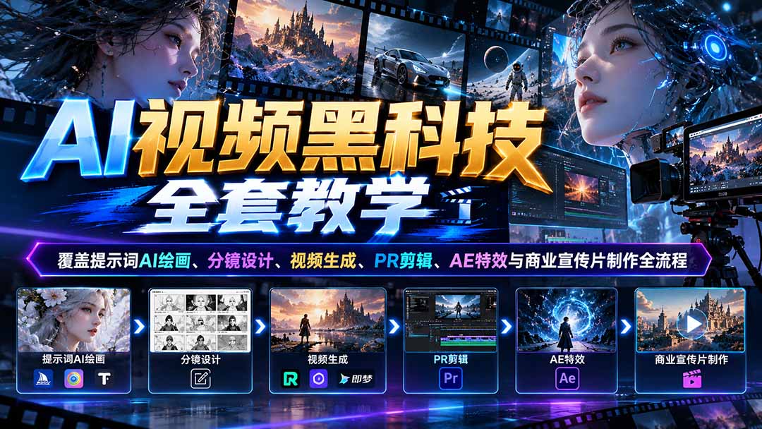 AI视频黑科技全套教学：覆盖提示词AI绘画、分镜设计、视频生成、PR剪辑、AE特效与商业宣传片制作全流程-网创之家