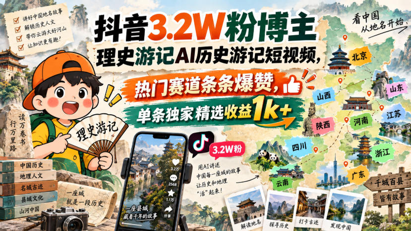 抖音3.2W粉博主理史游记AI历史游记短视频教学，热门赛道条条爆赞，单条独家精选收益1k+-网创之家