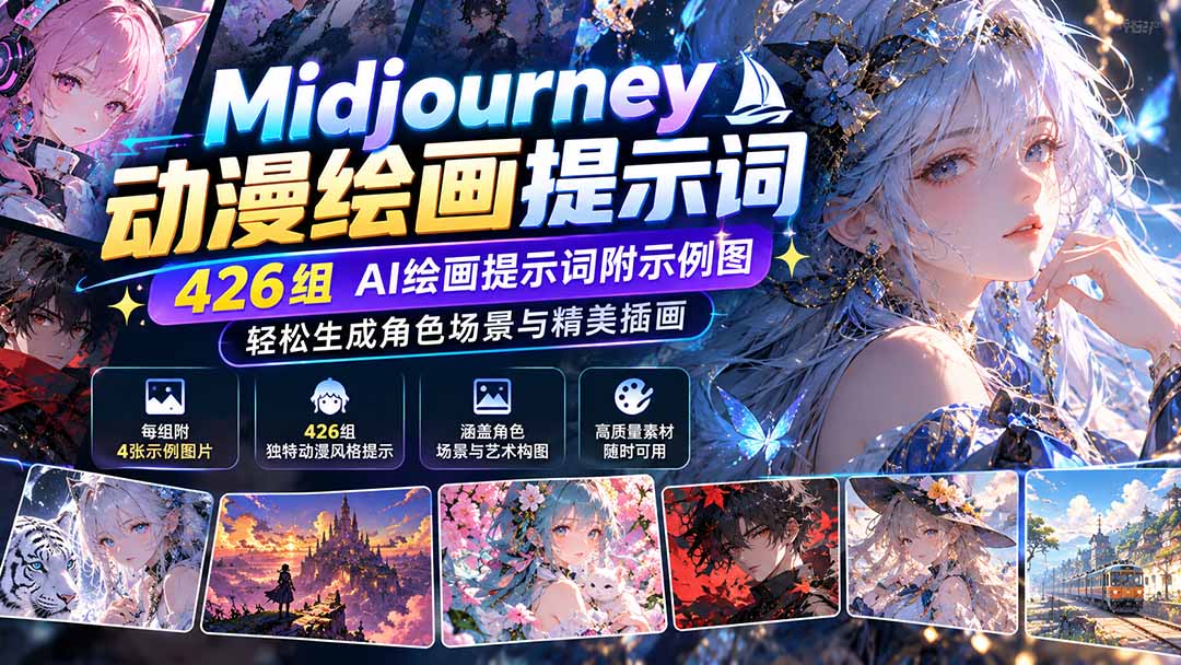 Midjourney动漫绘画提示词：426组AI绘画提示词附示例图，轻松生成角色场景与精美插画-网创之家