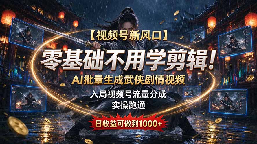 【视频号新风口】零基础不用学剪辑！AI 批量生成武侠剧情视频，入局视频号流量分成，实操跑通，日收益可做到 1000+-网创之家