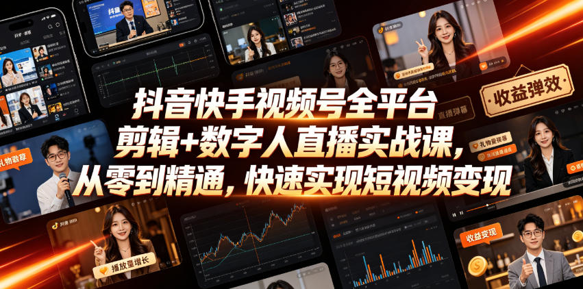 抖音快手视频号全平台剪辑+数字人直播实战课，从零到精通，快速实现短视频变现(更新2026年10月)​-网创之家