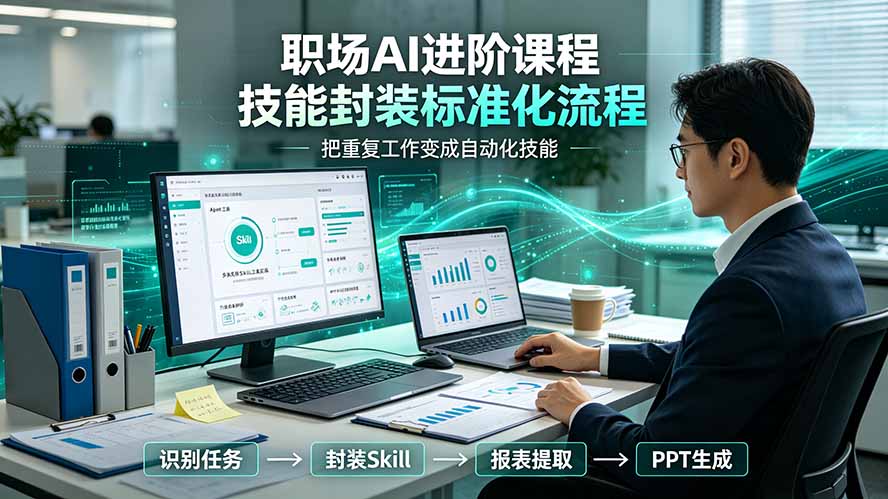 职场AI进阶课程；多类实用Skill工具实操，专属技能封装标准化流程，报表行业报告一键提取核心内容-网创之家