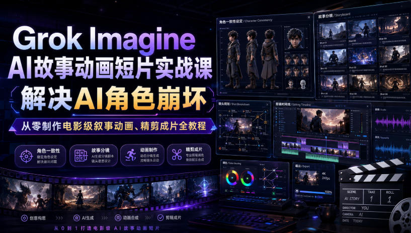Grok Imagine AI故事动画短片实战课｜解决AI角色崩坏，从零制作电影级叙事动画、精剪成片全教程(中英字幕)-网创之家