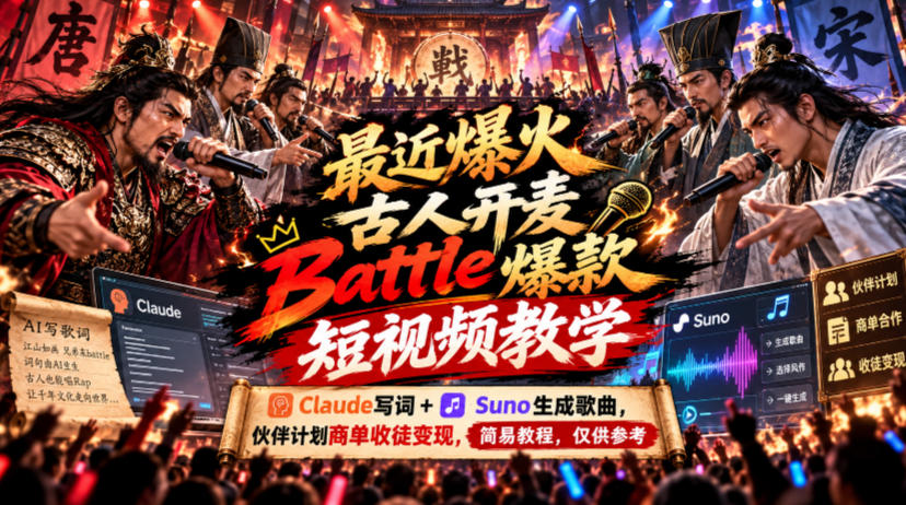 最近爆火古人开麦Battle爆款短视频教学，Claude写词+Suno生成歌曲，伙伴计划商单收徒变现，简易教程，仅供参考-网创之家