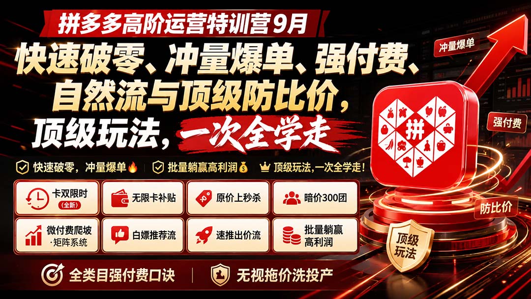 拼多多高阶运营特训营9月：快速破零、冲量爆单、强付费、自然流与顶级防比价， 顶级玩法，一次全学走-网创之家