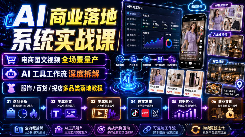 AI商业落地系统实战课｜电商图文视频全场景量产・AI工具工作流深度拆解・服饰/百货/探店多品类落地教程-网创之家