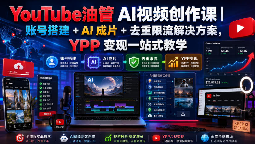 YouTube油管AI视频创作课｜账号搭建+AI成片+去重限流解决方案，YPP变现一站式教学(更新0809)-网创之家