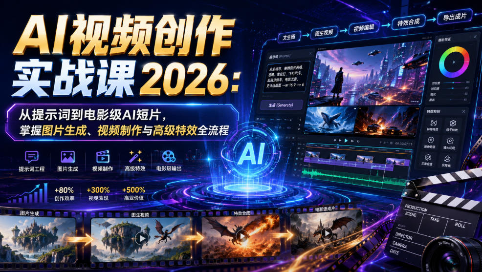 AI视频创作实战课2026：从提示词到电影级AI短片，掌握图片生成、视频制作与高级特效全流程-网创之家