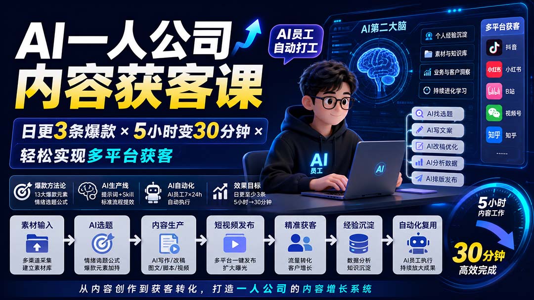 AI一人公司内容获客课-更新8月：日更3条爆款×5小时变30分钟×AI员工自动打工，轻松实现多平台获客-网创之家