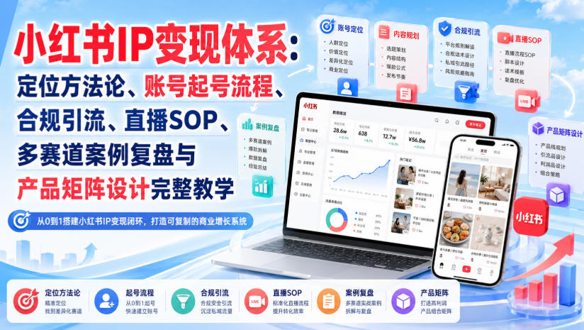 小红书IP变现体系：定位方法论、账号起号流程、合规引流、直播SOP、多赛道案例复盘与产品矩阵设计完整教学-网创之家
