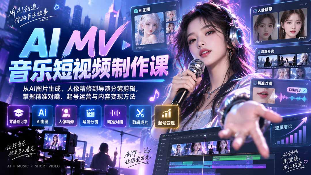 AI MV音乐短视频制作课：从AI图片生成、人像精修到导演分镜剪辑，掌握精准对嘴、起号运营与内容变现方法-网创之家