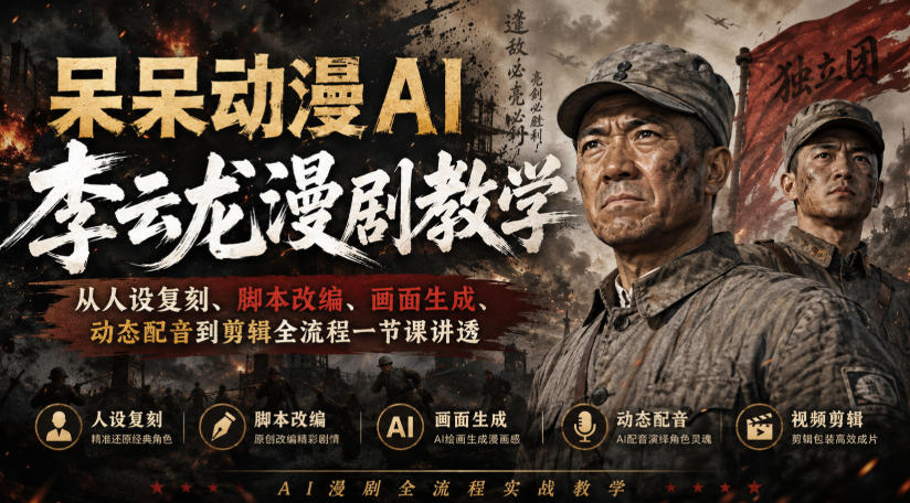 呆呆动漫AI李云龙漫剧教学，从人设复刻、脚本改编、画面生成、动态配音到剪辑全流程一节课讲透-网创之家