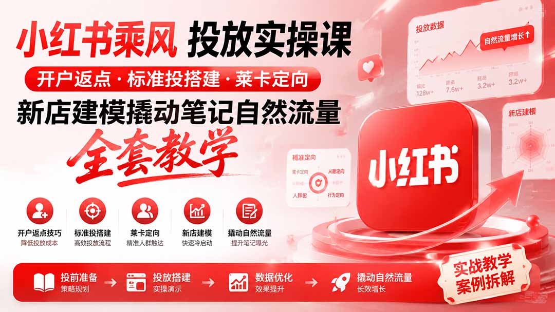 小红书乘风投放-100分钟实操课｜开户返点·标准投搭建·莱卡定向，新店建模撬动笔记自然流量全套教学-网创之家