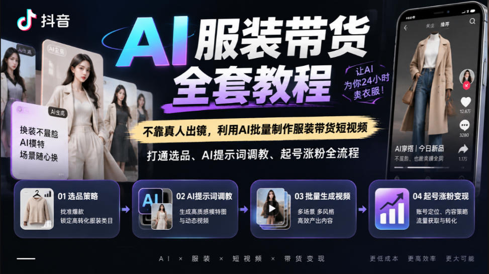 抖音AI服装带货全套教程，不靠真人出镜，利用AI批量制作服装带货短视频，打通选品、AI提示词调教、起号涨粉全流程-网创之家
