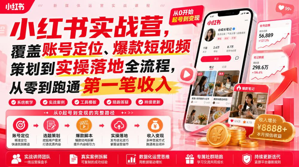 小红书实战营，覆盖账号定位、爆款短视频策划到实操落地全流程，从零到跑通第一笔收入-网创之家