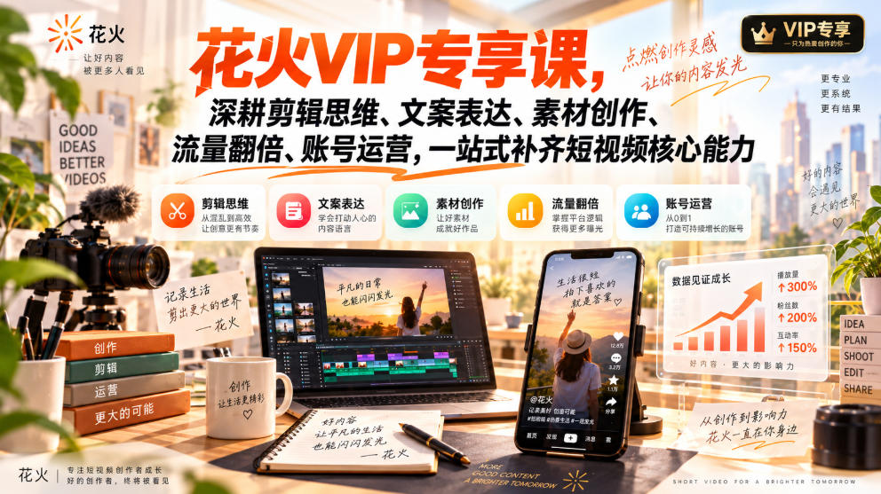 花火VIP专享课，深耕剪辑思维、文案表达、素材创作、流量翻倍、账号运营，一站式补齐短视频核心能力-网创之家