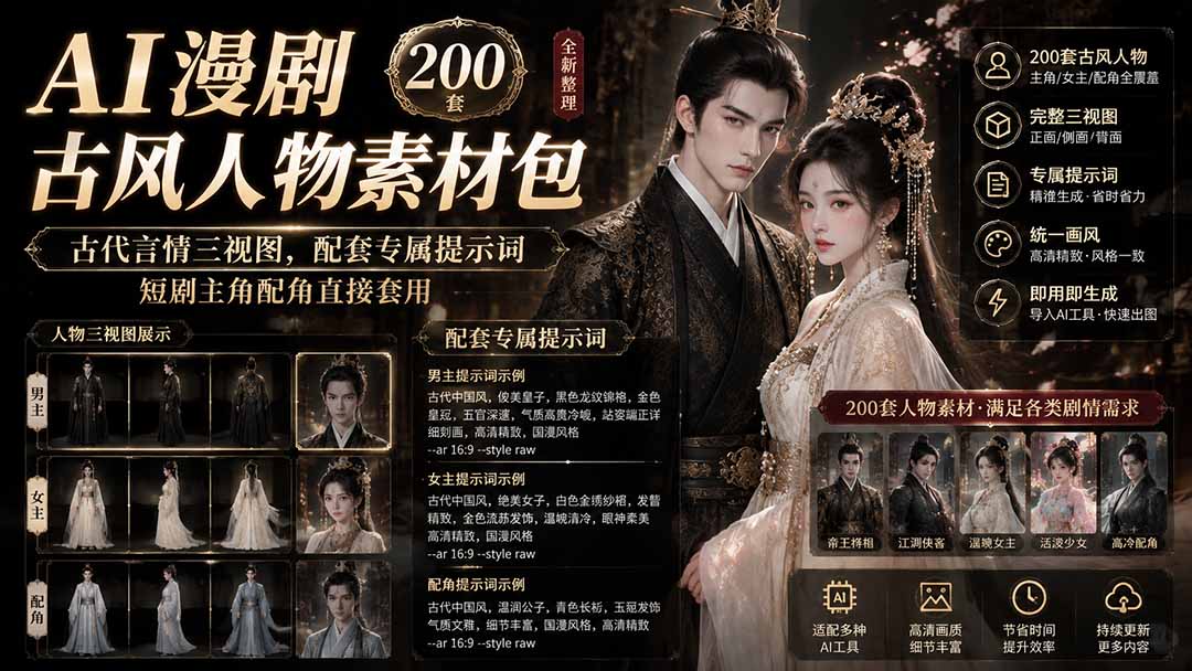 AI漫剧古风人物素材包+提示词｜200 套古代言情三视图，配套专属提示词短剧主角配角直接套用-网创之家