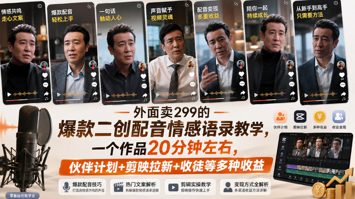 外面卖299的爆款二创配音情感语录教学，一个作品20分钟左右，伙伴计划+剪映拉新+收徒等多种收益-网创之家