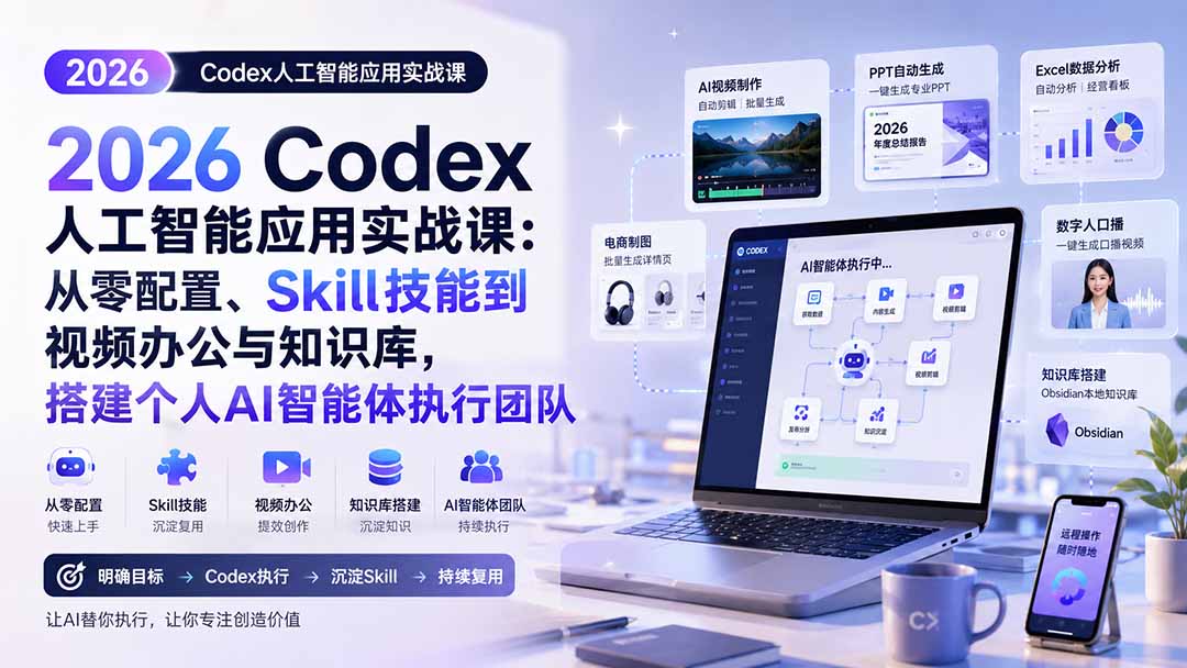 2026 Codex人工智能应用实战课:从零配置、Skill技能到视频办公与知识库,搭建个人AI智能体执行团队-网创之家
