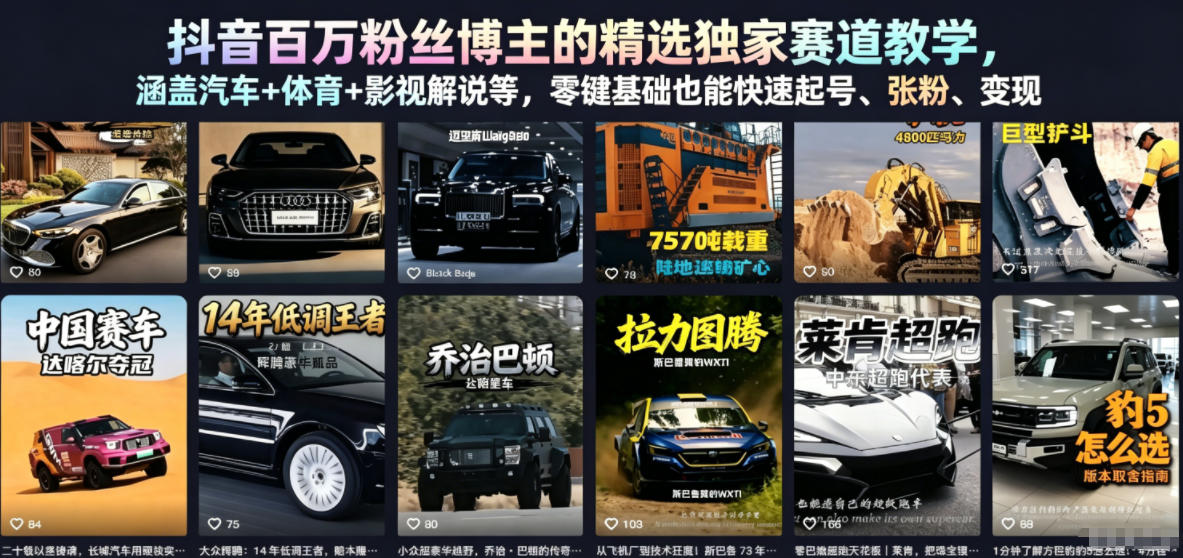 抖音百万粉丝博主的精选独家赛道教学，涵盖汽车+体育+影视解说等，零基础也能快速起号、涨粉、变现(更新0701)-网创之家