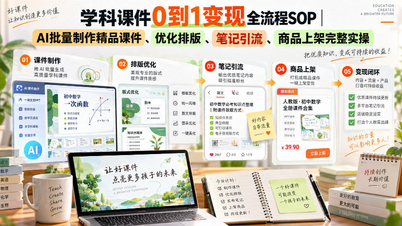 学科课件0到1变现全流程SOP｜AI批量制作精品课件、优化排版、笔记引流、商品上架完整实操​-网创之家