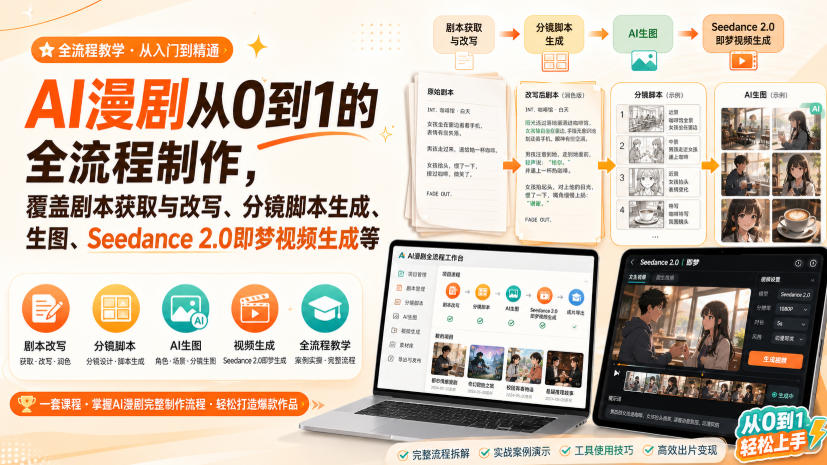 AI漫剧从0到1的全流程制作，覆盖剧本获取与改写、分镜脚本生成、角色场景生图与三视图、Seedance 2.0即梦视频生成(PDF版)-网创之家