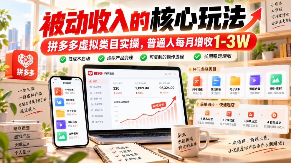 被动收入的核心玩法，拼多多虚拟类目实操，普通人每月增收1-3W【揭秘】-网创之家