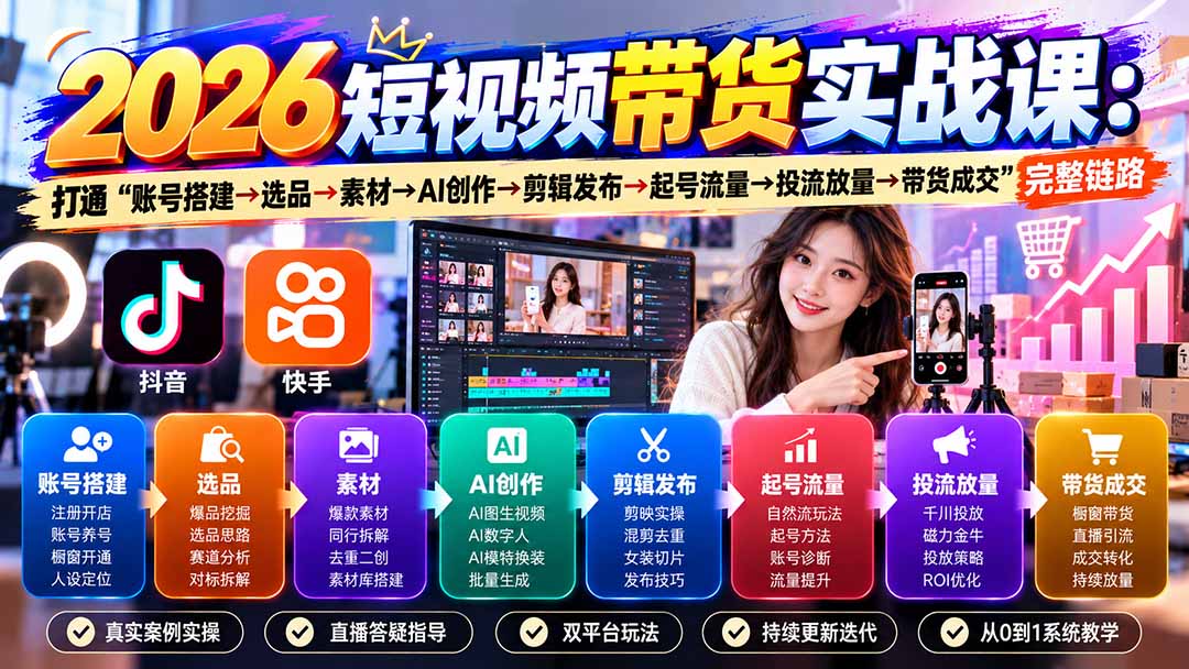 2026短视频带货实战课9月：打通“账号搭建→选品→素材→AI创作→剪辑发布→起号流量→投流放量→带货成交”完整链路-网创之家