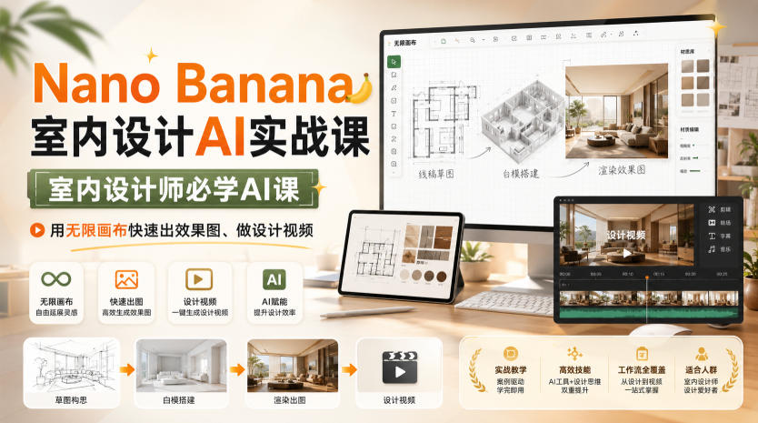 Nano Banana室内设计AI实战课，室内设计师必学AI课，用无限画布快速出效果图、做设计视频-网创之家