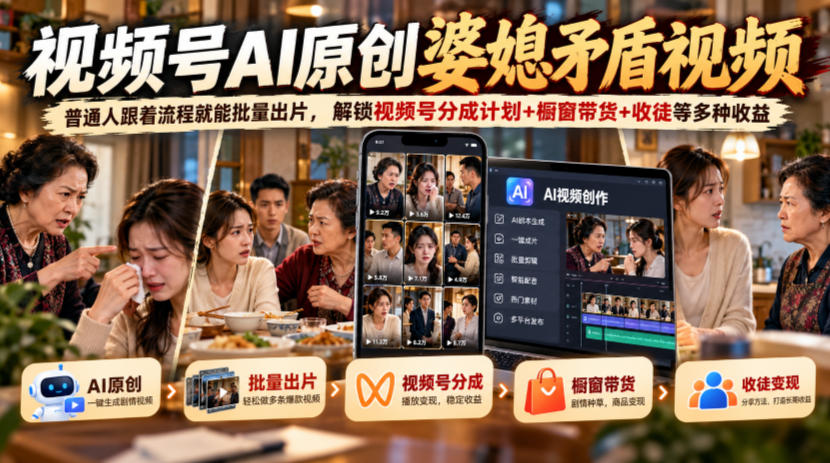 视频号ai原创婆媳矛盾视频，普通人跟着流程就能批量出片，解锁视频号分成计划+橱窗带货+收徒等多种收益-网创之家