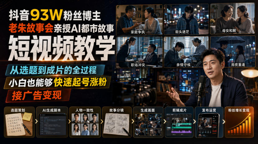 抖音93W粉丝博主老朱故事会亲授AI都市故事短视频教学,从选题到成片的全过程,小白也能够快速起号涨粉接广告变现-网创之家