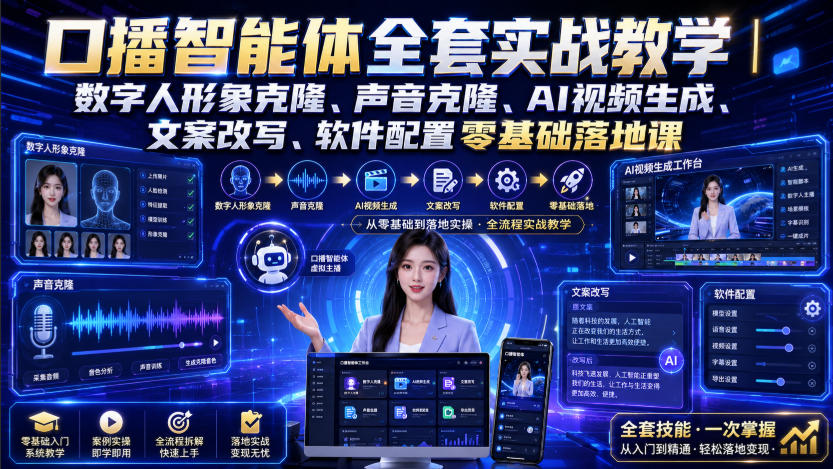口播智能体全套实战教学｜数字人形象克隆、声音克隆、AI视频生成、文案改写、软件配置零基础落地课-网创之家