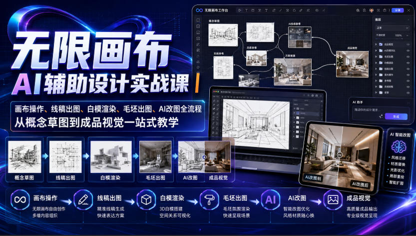 无限画布AI辅助设计实战课｜画布操作、线稿出图、白模渲染、毛坯出图、AI改图全流程，从概念草图到成品视觉一站式教学-网创之家