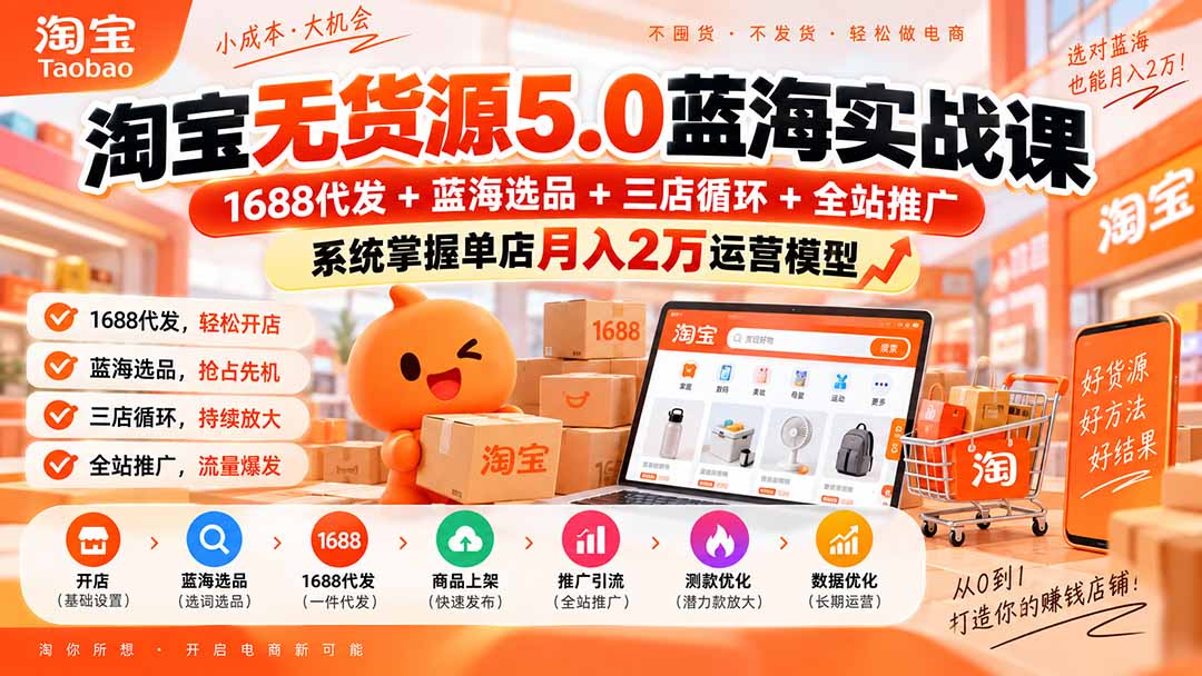 淘宝无货源5.0蓝海实战课-更新0927：1688代发+蓝海选品+三店循环+全站推广，系统掌握单店月入2万运营模型-网创之家
