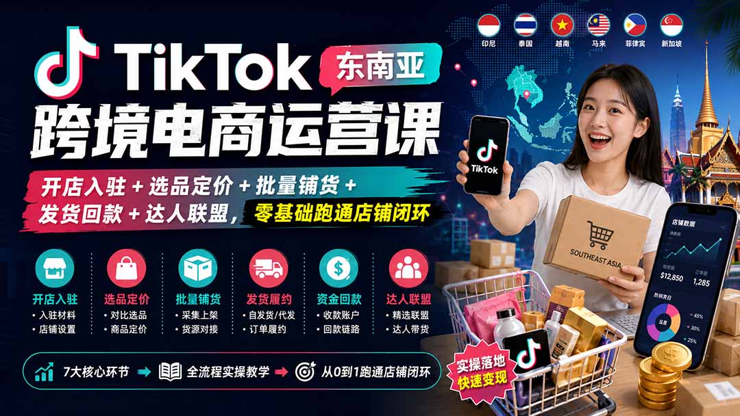 TikTok东南亚跨境电商运营课：开店入驻+选品定价+批量铺货+发货回款+达人联盟，零基础跑通店铺闭环-网创之家