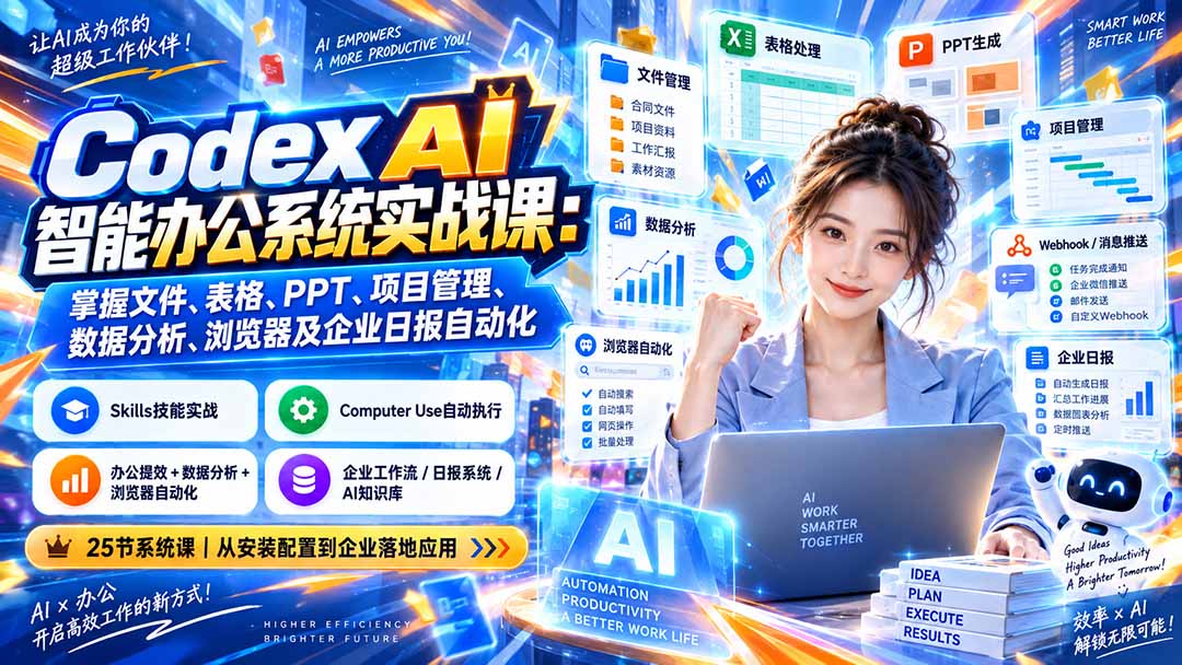 Codex AI智能办公系统实战课：掌握文件、表格、PPT、项目管理、数据分析、浏览器及企业日报自动化-网创之家