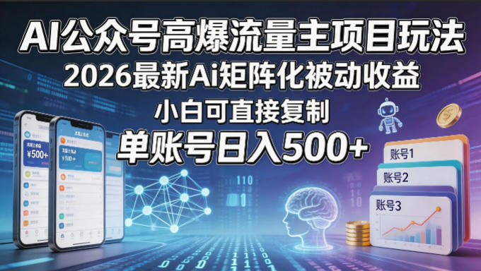 AI公众号高爆流量主项目玩法，2026最新Ai矩阵化被动收益，小白可直接复制，单账号日入500+-网创之家