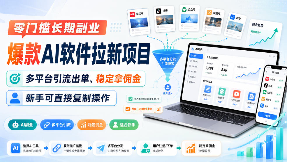 零门槛长期副业，爆款AI软件拉新项目，多平台引流出单、稳定拿佣金，新手可直接复制操作-网创之家