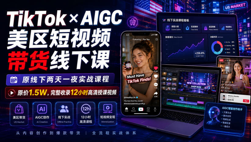 TikTok×AIGC美区短视频带货线下课，原线下两天一夜实战课程，原价1.5W，完整收录12小时高清授课视频-网创之家