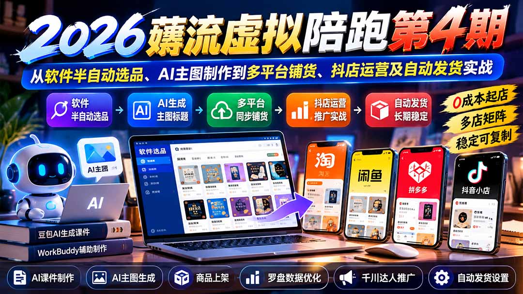 2026薅流虚拟陪跑第4期：从软件半自动选品、AI主图制作到多平台铺货、抖店运营及自动发货实战-网创之家