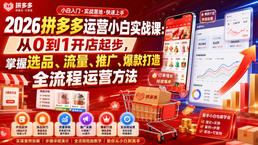 2026拼多多运营小白实战课：从0到1开店起步，掌握选品、流量、推广、爆款打造全流程运营方法-网创之家