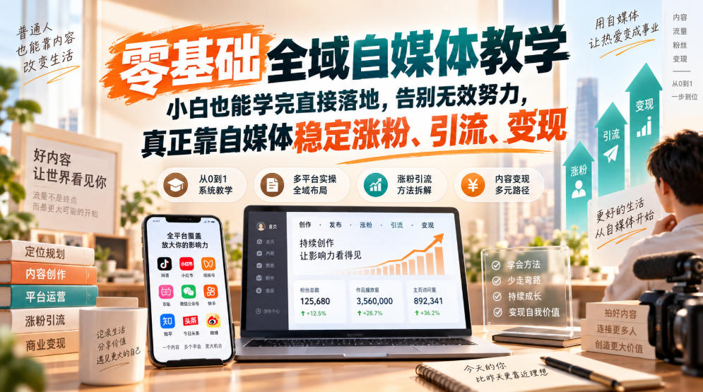 零基础全域自媒体教学，小白也能学完直接落地，告别无效努力，真正靠自媒体稳定涨粉、引流、变现-网创之家