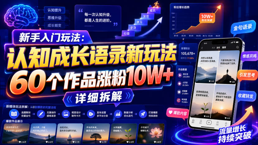 新手入门玩法：认知成长语录新玩法，60个作品涨粉10W+，详细拆解-网创之家