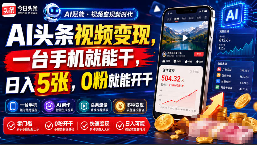 AI头条视频变现，一台手机就能干，日入5张，0粉就能开干-网创之家