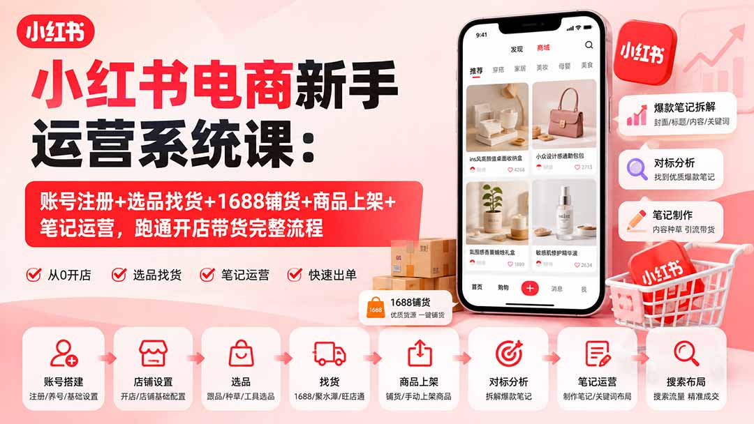 小红书电商新手运营系统课：账号注册+选品找货+1688铺货+商品上架+笔记运营，跑通开店带货完整流程-网创之家