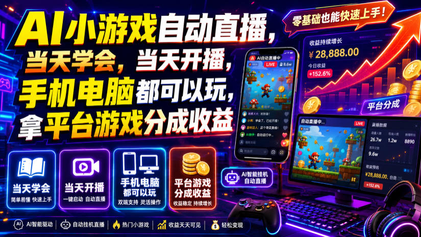 AI小游戏自动直播，当天学会，当天开播，手机电脑都可以玩，拿平台游戏分成收益-网创之家
