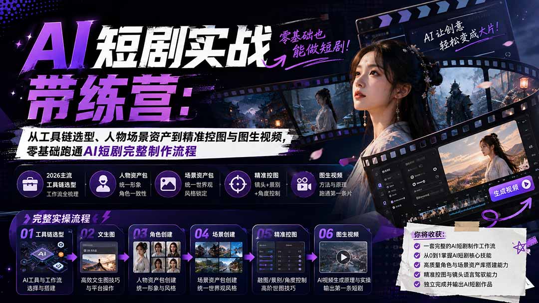 AI短剧实战训练营：从工具链选型、人物场景资产到精准控图与图生视频，零基础跑通AI短剧完整制作流程-网创之家