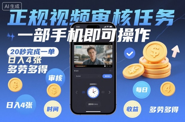 正规视频审核任务，一部手机即可操作，20秒完成一单，日入4张，多劳多得【揭秘】-网创之家