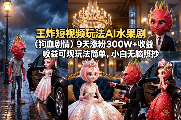 王炸短视频玩法AI水果剧(狗血剧情)9天涨粉300W+收益可观玩法简单，小白无脑照抄，详细拆解玩法-网创之家